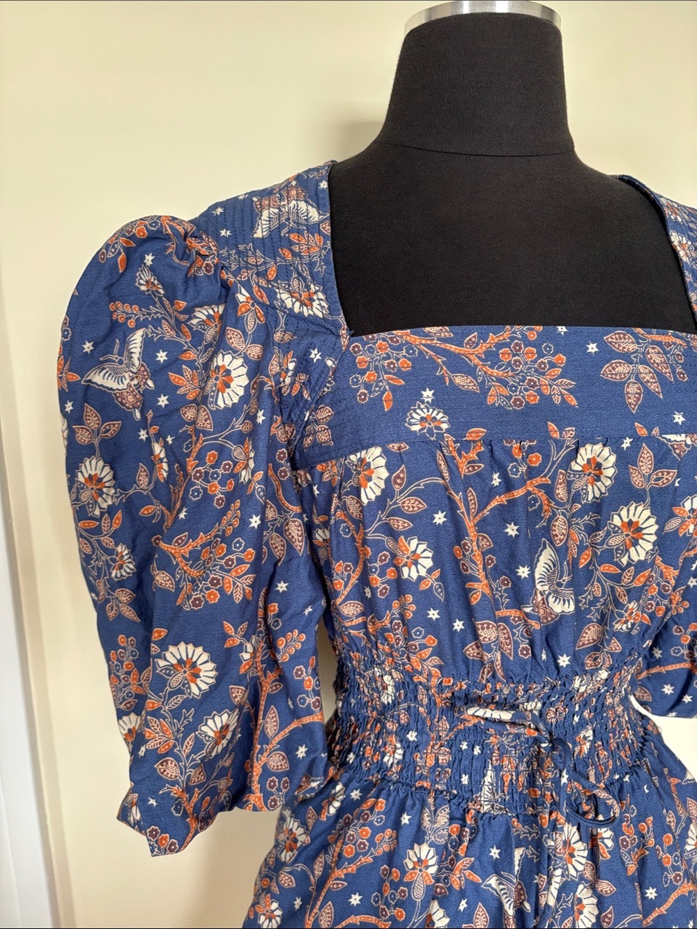 House of Harlow Navy Blue Orange Floral Puff-Sleeve Smocked Mini Dress - Picture 4 of 13